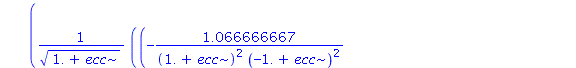 6.0*ecc*(1-ecc^2)^2.000000000*((-1.066666667/((1.+ecc)^2*(-1.+ecc)^2)+.1333333333*(23.+9.*ecc^2)/((1.+ecc)^3*(-1.+ecc)^2)-.2666666667*ecc*(23.+9.*ecc^2)/((1.+ecc)^3*(-1.+ecc)^3))*EllipticK(1.414213562...