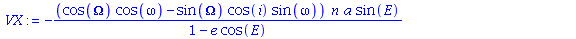 -(cos(Omega)*cos(omega)-sin(Omega)*cos(i)*sin(omega))*n*a*sin(E)/(1-e*cos(E))+(sin(Omega)*cos(omega)+cos(Omega)*cos(i)*sin(omega))*n*a*(1-e^2)^(1/2)*cos(E)/(1-e*cos(E))