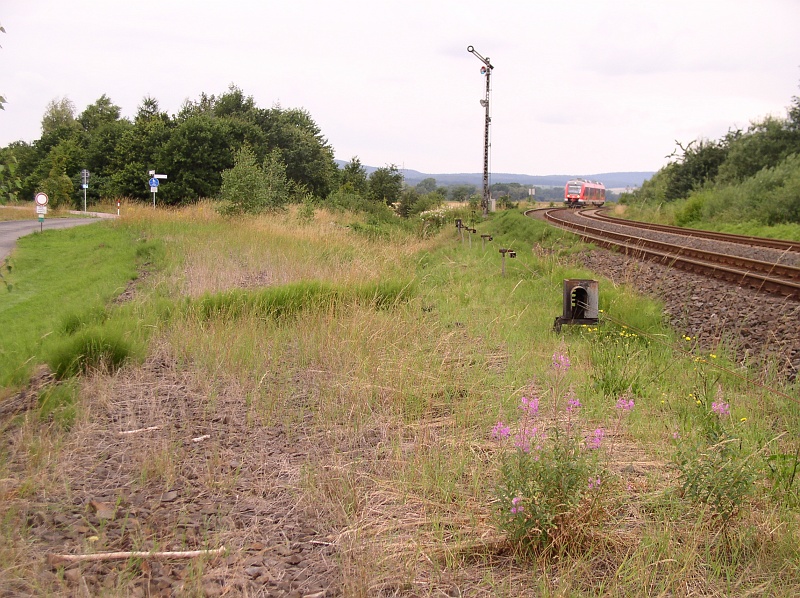 p7120049.jpg - Fotografie byla pozena v mst star trati, zatmco po trati nov projd vlak smr Herzberg (linka Gttingen-Northeim-Herzberg-Nordhausen). V mst star trati zan cyklostezka (v mst, kde je vidt rozcestnk).